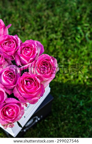 Bouquet of pink roses in a box on the green grass.