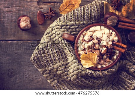 Hot cocoa with marshmallows with spices on the old wooden boards. Coffee, cocoa, cinnamon, nuts, star anise, cozy sweater\Autumn Still Life