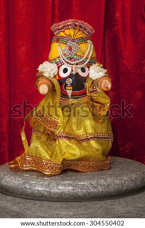Jagannath - Lord of the universe, in Hindu Temple.\
The icon of Jagannath is a carved and decorated wooden stump with large round eyes and with stumps as hands, with the conspicuous absence of legs