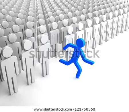 Blue Human Figure Running from the Crowd of Gray Indifferent Humans