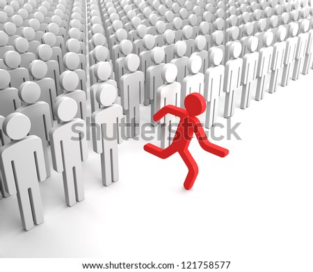 Red Human Figure Running from the Crowd of Gray Indifferent Humans