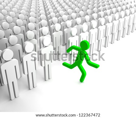 Green Human Figure Running from the Crowd of Gray Indifferent Humans