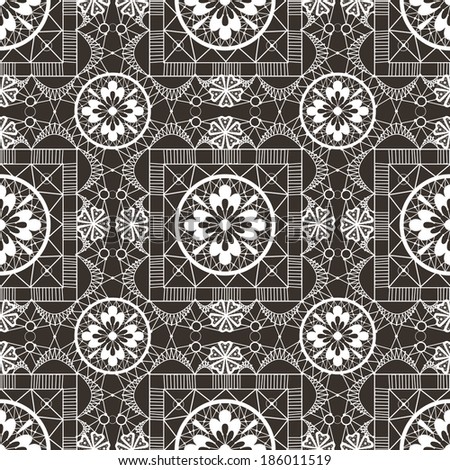 Seamless openwork white lace floral pattern on black background