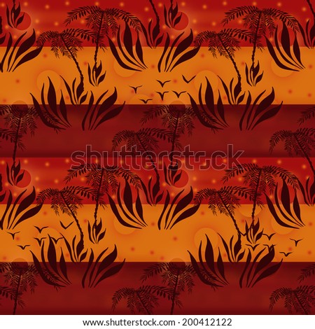 Seamless floral african pattern with plants silhouettes of palms and plants on sunset orange colors