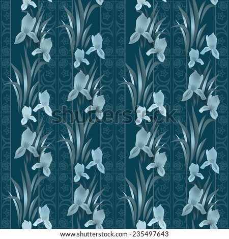 Floral pattern with irises on navy background