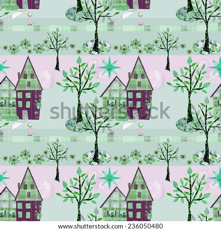 Seamless background of house and tree garden patchwork cutout background