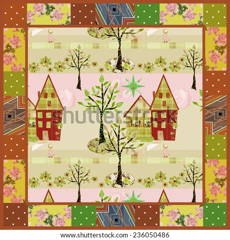 Seamless patchwork elements house garden cutout background