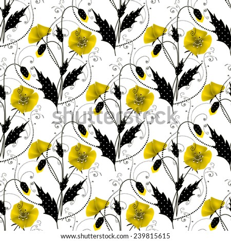 Seamless floral pattern with yellow poppies with black leaves on white background