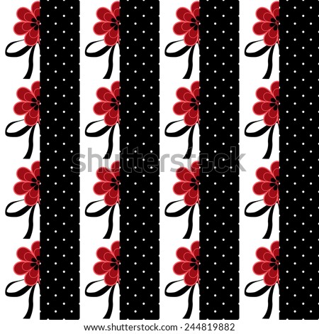 Seamless floral pattern with red flowers striped white black background