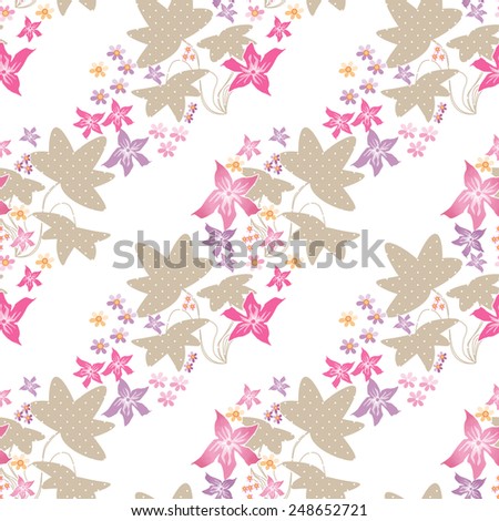 Seamless floral pattern with cute cartoon flowers on light background