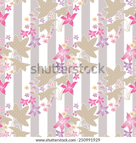 Seamless floral pattern with cute cartoon flowers on striped background