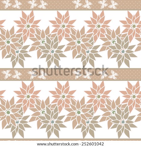 Seamless floral pattern with cute cartoon flowers and butterfly print background