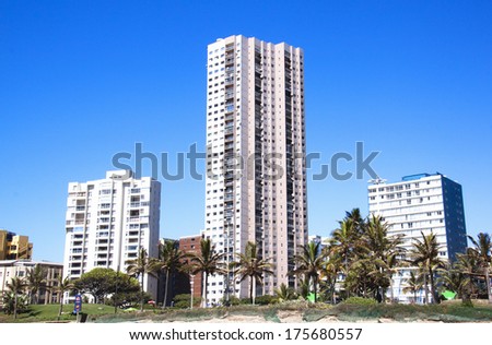 DURBAN, SOUTH AFRICA - FEBRUARY 8, 2014: Highrise residential buildings on the Golden Mile beachfront in Durban South Africa