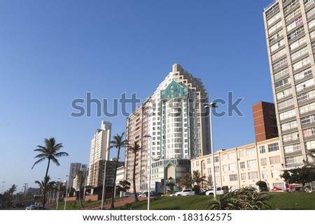 DURBAN, SOUTH AFRICA - MARCH, 22, 2014 : Residential and commercial buildings on Golden Mile beachfront in Durban South Africa