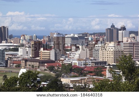 DURBAN, SOUTH AFRICA - MARCH 28, 2014: Above view of central business district commercial and residential buildings in Durban South Africa