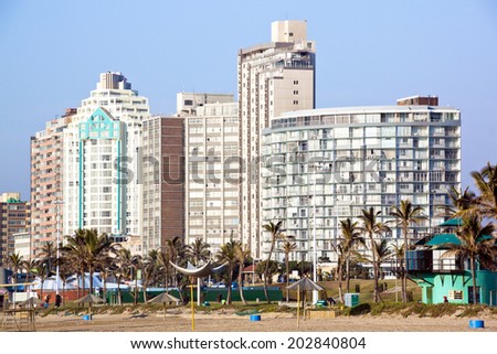 DURBAN, SOUTH AFRICA - JULY 2, 2014: residential and commercial buildings on Golden Mile Beach front in Durban, South Africa