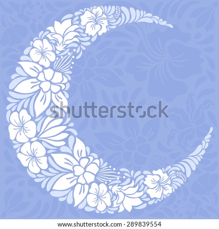 Floral design decorated crescent moon. Light illustration
