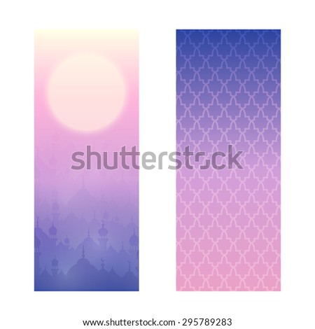 Greeting cards or banners with sunset landscape with mosques and sun. For holy month of muslim community Ramadan Kareem celebration