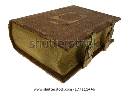 leather brown old book with yellow lock, isolated on white