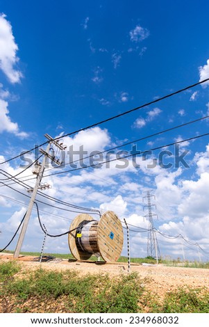 industrial cable installation, power line cable rolled on Construction site