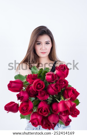 woman give Red rose flower for him On white background