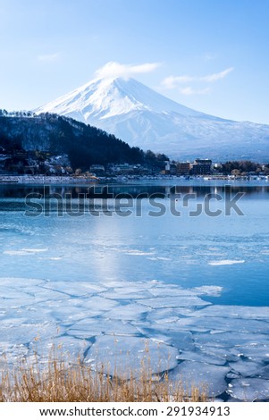 Mount Fuji at Iced kawaguchiko Lake in Winter, Japan