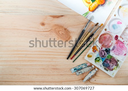 Paintbrushes and paint box, artist tools