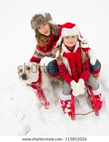 Winter fun , snow, sledding with dog at winter time