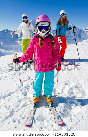 Skiing, winter, ski holiday  -   skiers on mountainside, portrait of female skiers