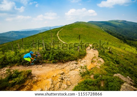 Mountain biker cycling in autumn mountains forest landscape. Man cycling MTB flow trail track. Outdoor sport activity.