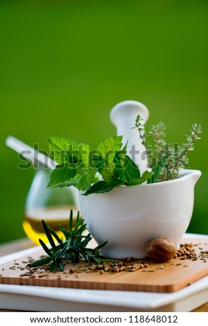 Fresh herbs in the mortar - healthy food, alternative medicine
