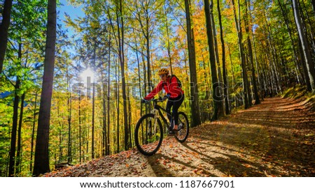 Cycling, mountain biking woman on cycle trail in autumn forest. Mountain biking in autumn landscape forest. Woman cycling MTB flow uphill trail.