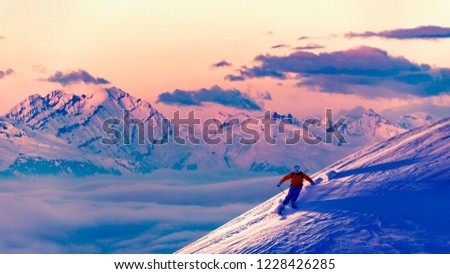 Ski with amazing view of swiss famous mountains in beautiful winter powder snow. The skitouring, backcountry skiing in fresh powder snow.