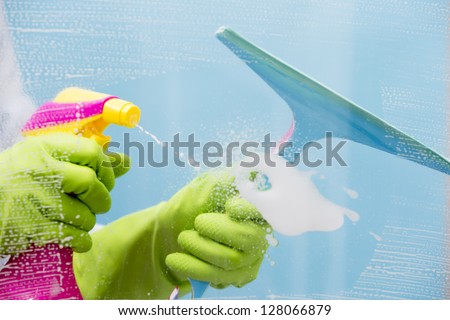 Cleaning - Cleaning Window Pane With Spray Detergent, Spring Cleaning Concept