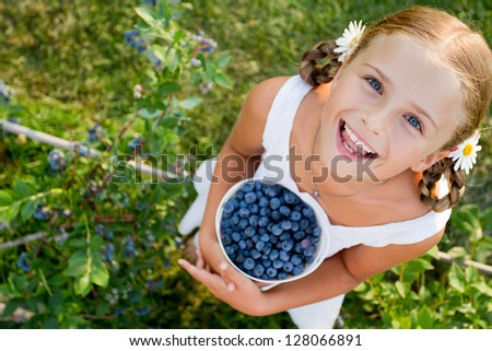 Blueberries, Summer, Child - Lovely Girl With Fresh Blueberries In The Garden