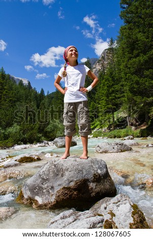 Hike, girl on hike in Dolomiti Mountains - Italy