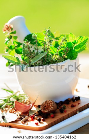 Fresh herbs in the mortar - healthy food, alternative medicine concept