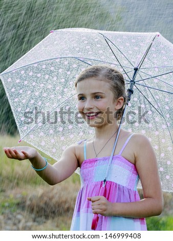 Summer rain -  girl has fun in rain drops