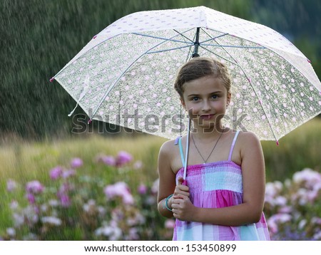 Rain - happy girl with an umbrella in the rain