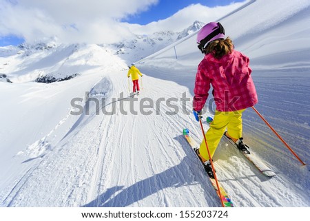 Ski, Skiers On Ski Run - Child Skiing Downhill