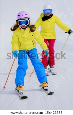 Skiing, Skiers On Ski Run - Child Skiing Downhill, Ski Lesson
