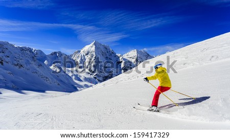 Ski, Skier On Ski Run - Woman Skiing Downhill, Winter Sport