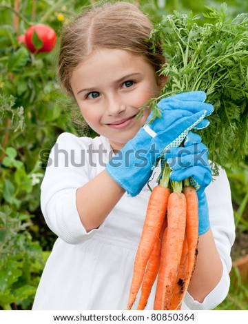 Vegetable garden - little gardener with bunch of organic carrots