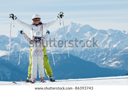 Skiing - portrait of female skiers in Swiss Alps (space for text )