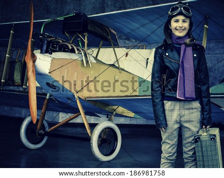Flying, aviator, plane, travel - girl ready for travel around the world