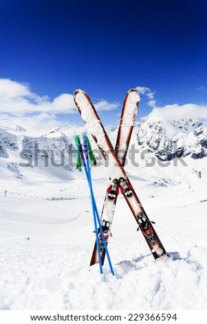 Skiing , mountains and ski equipments - ski vacation