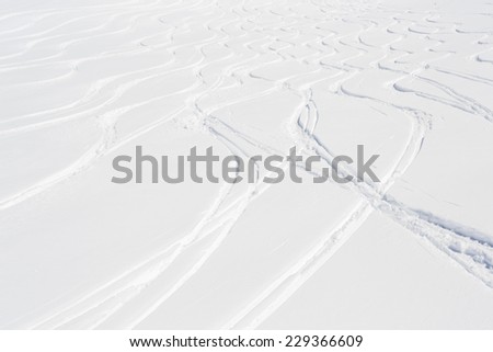 Skiing, snow, freeski - freeride tracks on powder snow