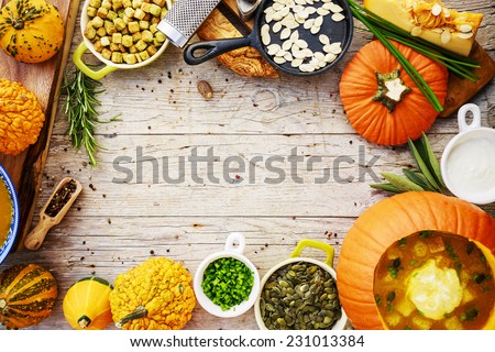 Pumpkin, Pumpkin soup, healthy food - space for text