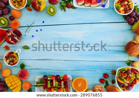 Fruits, Fruit salad - diet, healthy breakfast, frame with space for text