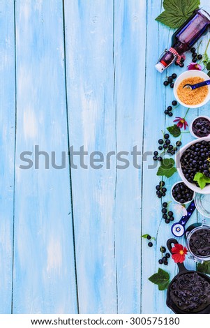 Blackcurrant - fresh blackcurrant fruit and a variety of sweet dishes, border